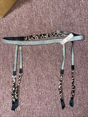 Victoria's Secret Silver Rhinestone Garter Belt with Leopard Straps